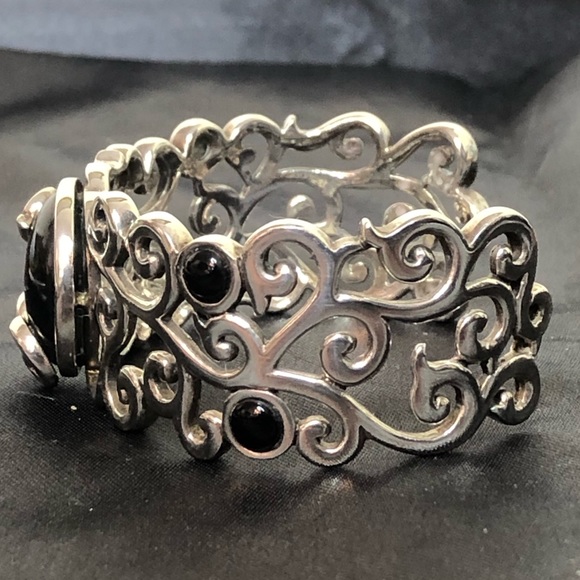 BARSE Sterling Silver Scroll Filigree Overlay Black Onyx Cabochon Cuff Bracelet - Picture 11 of 15